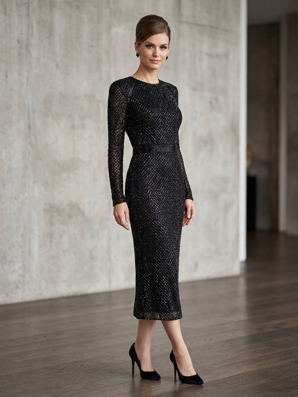 Mac Duggal Fully Beaded Whimsygoth MIDI Cocktail Sheath Dress Black 8.
